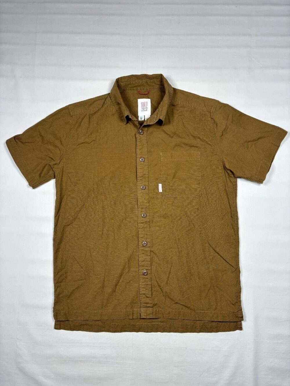 Topo Designs Global Shirt Mens M Olive Brown 100% Nylon Short Sleeve Button Up